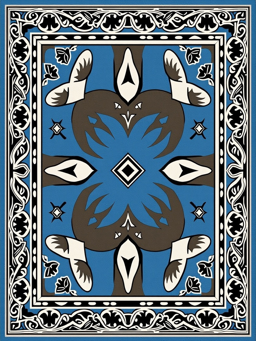 Vibrant Blue Brown White Geometric Frame Rug