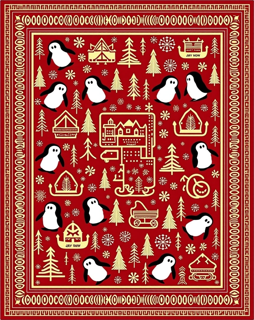 Red Gold Penguin Christmas Trees Rug