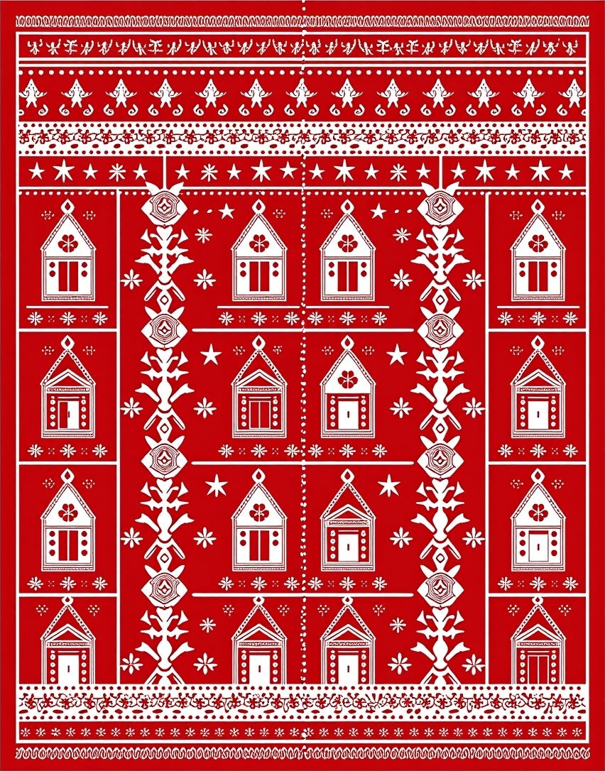 Red White Folk Art House Collection Rug