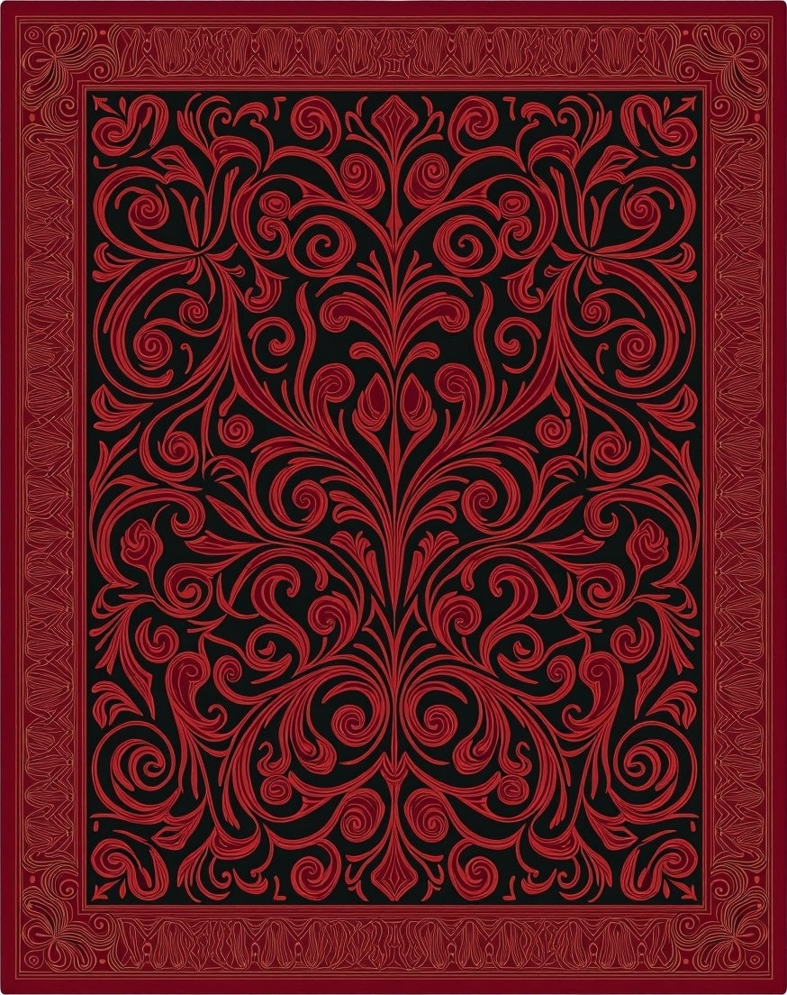 Crimson Red Ornate Scroll Border Rug
