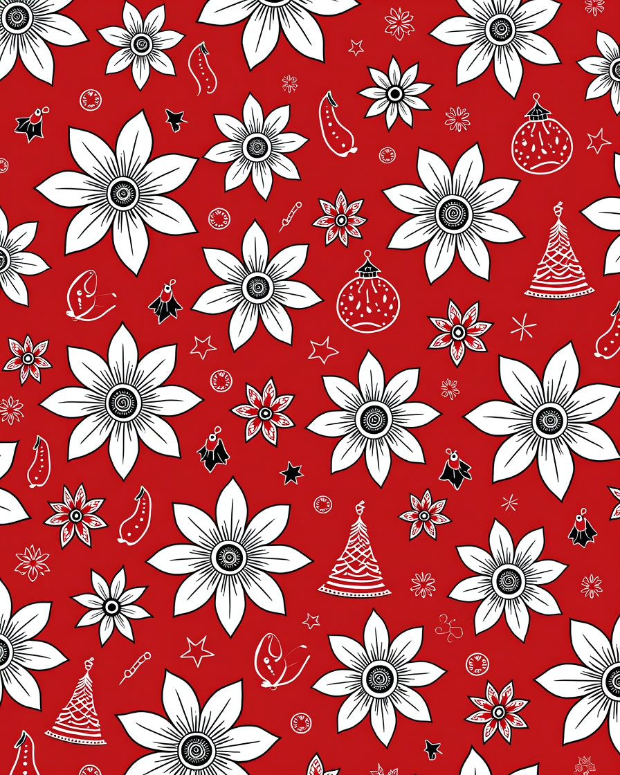 Vibrant Red White Floral Ornaments Christmas Rug
