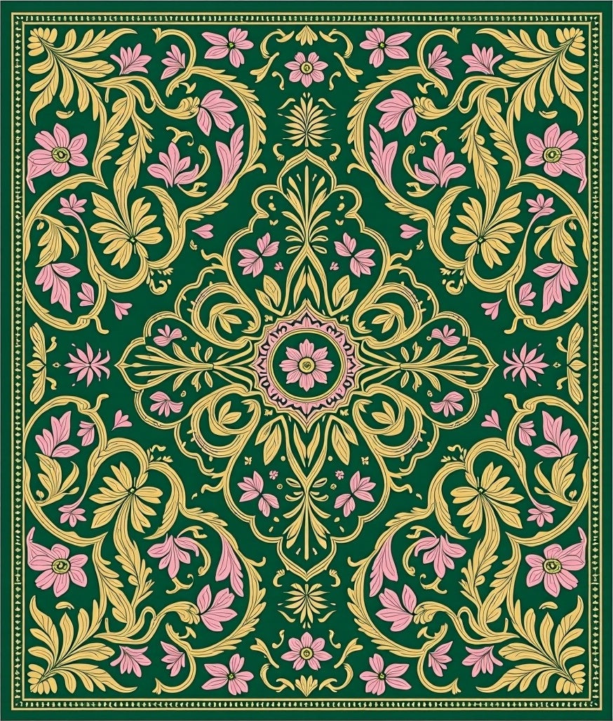 Emerald Pink Golden Floral Scroll Rug