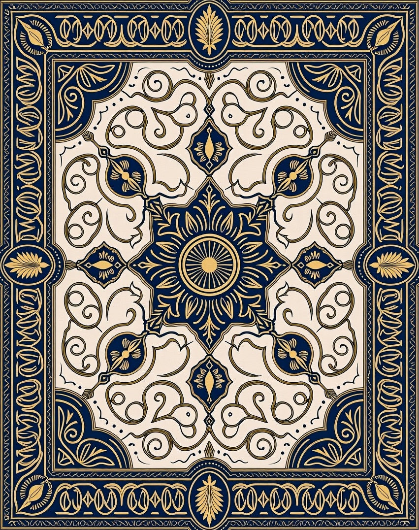 Navy Gold Ornate Floral Medallion Rug