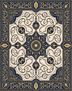 Navy Gold Ornate Floral Medallion Rug