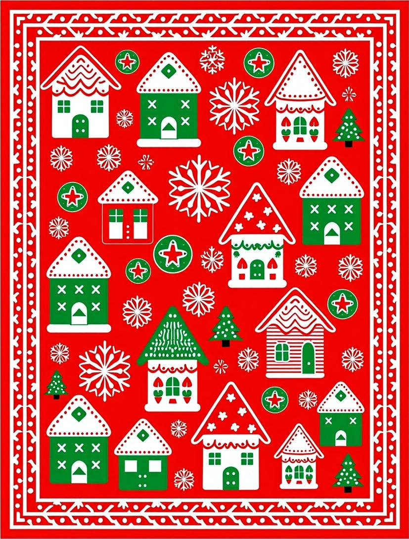 Red Green White Village Snowflakes Border Rug