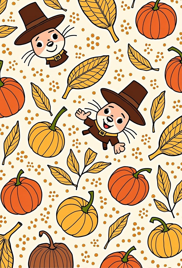 Autumn Pilgrim Critter Pumpkin Leaf Arrangement Rug