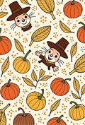 Autumn Pilgrim Critter Pumpkin Leaf Arrangement Rug