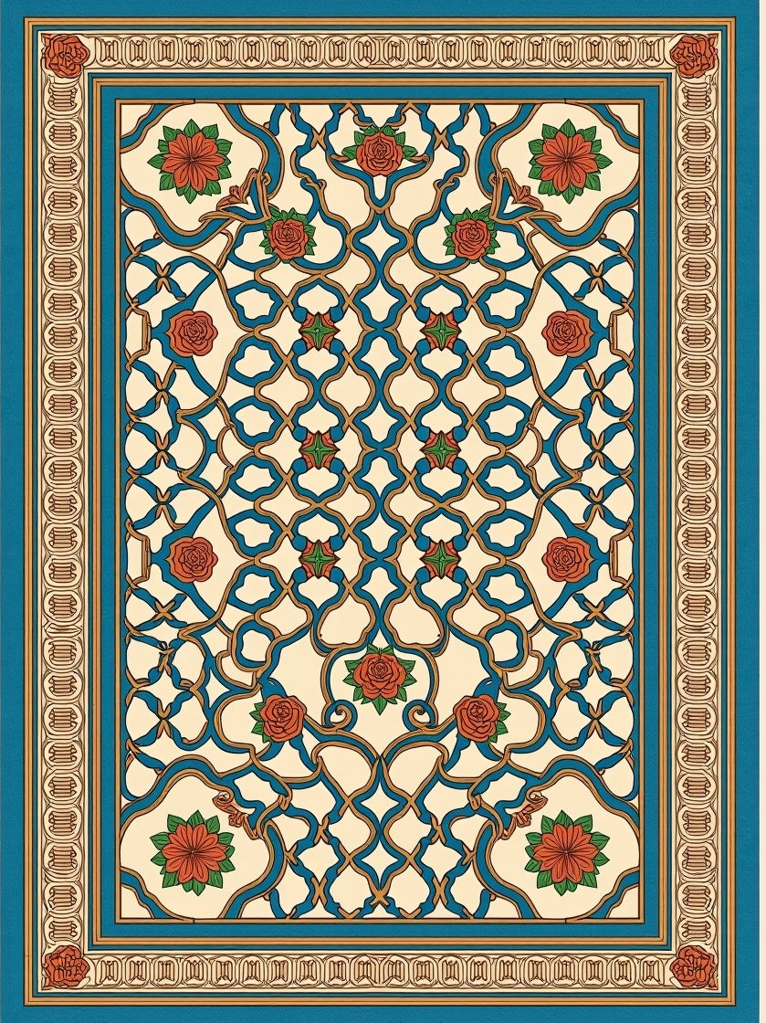 Turquoise Cream Rose Lattice Border Rug