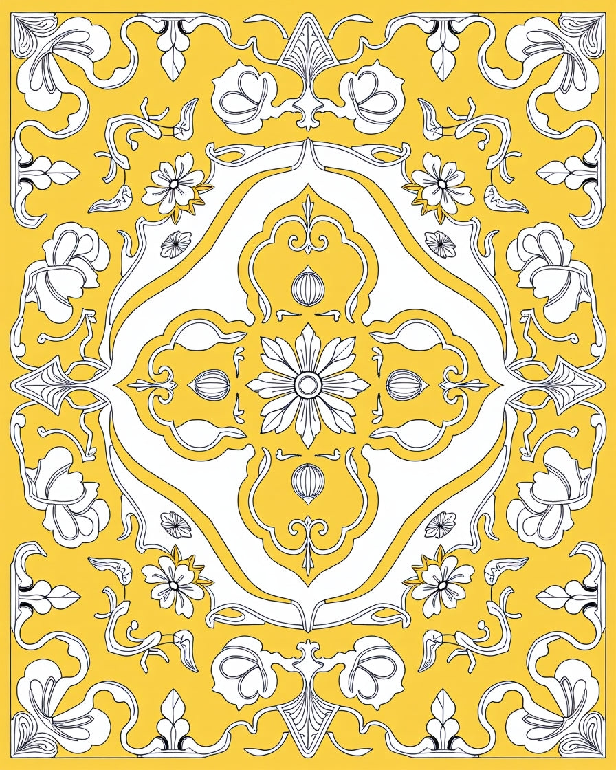 Golden Floral Scroll Medallion Rug