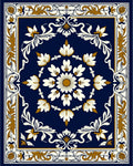 Navy Gold White Floral Medallion Frame Rug