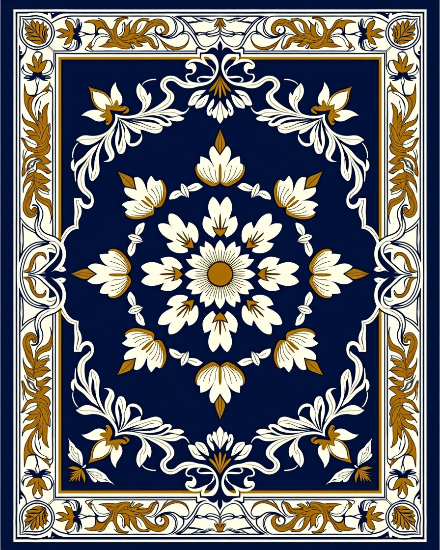 Navy Gold White Floral Medallion Frame Rug