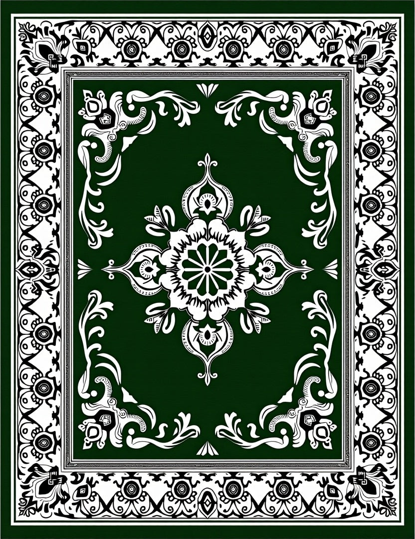 Dark Green Floral Medallion Border Rug