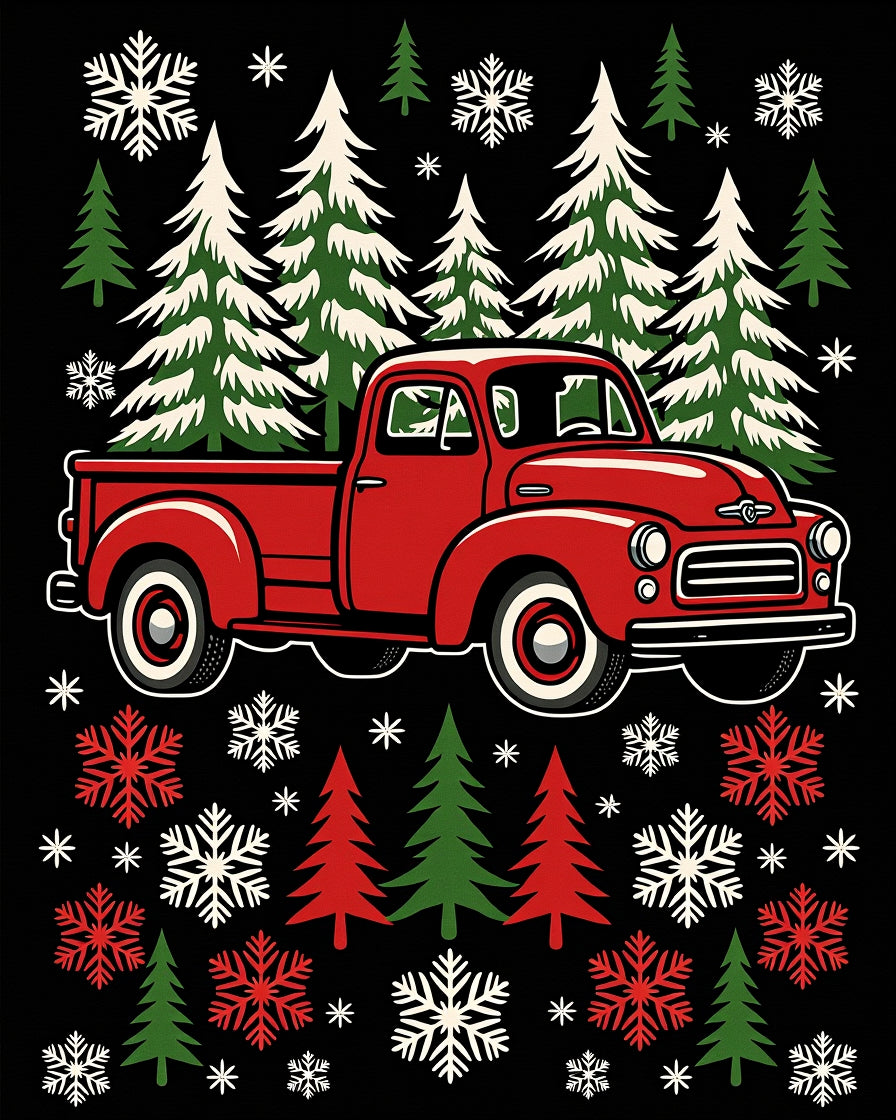 Vintage Red Truck Christmas Trees Snowflakes Rug