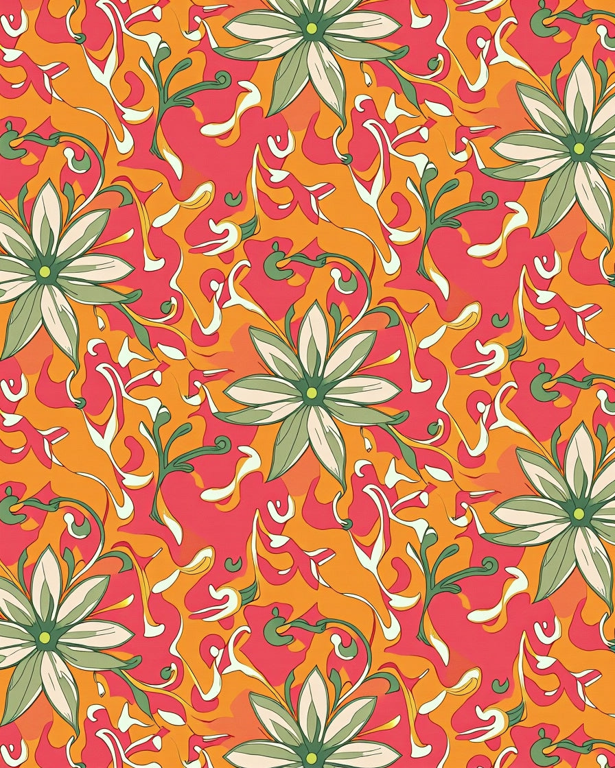 Vibrant Coral Green Floral Swirl Rug