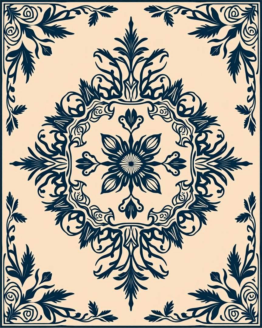 Deep Navy Floral Medallion Cream Rug