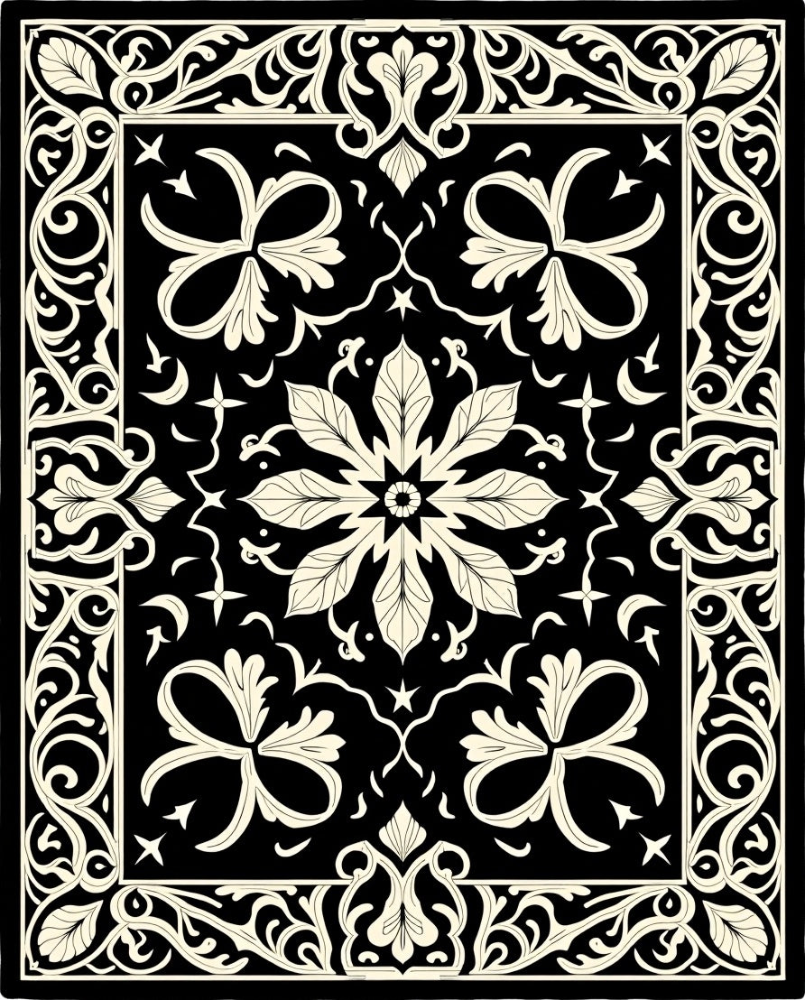Black and Cream Floral Arabesque Border Rug