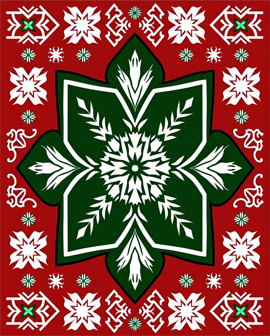 Festive Red Green Snowflake Medallion Rug