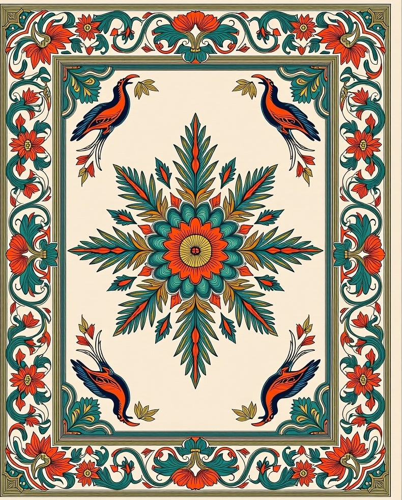 Vibrant Orange Teal Bird Medallion Rug