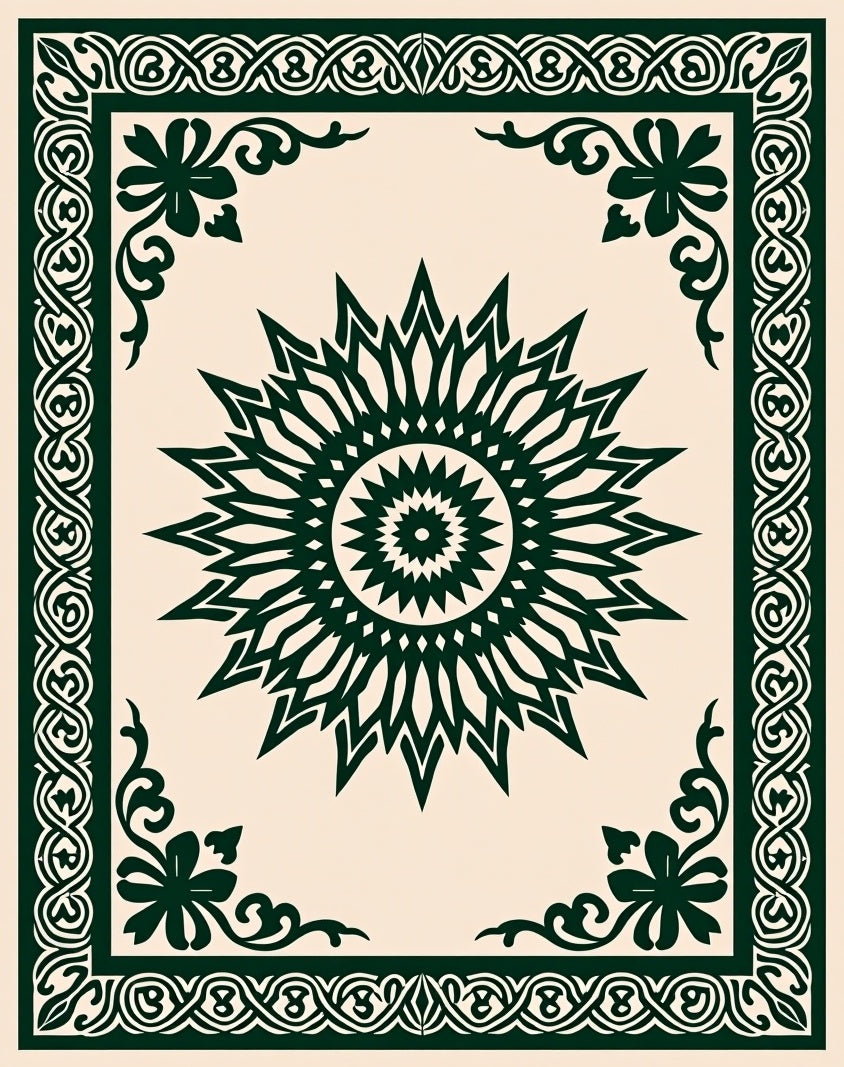 Dark Green Sunburst Floral Frame Rug