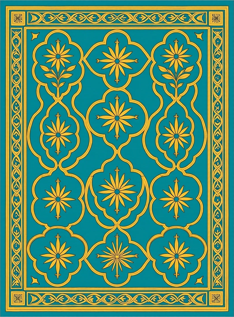 Teal and Gold Floral Arabesque Rug