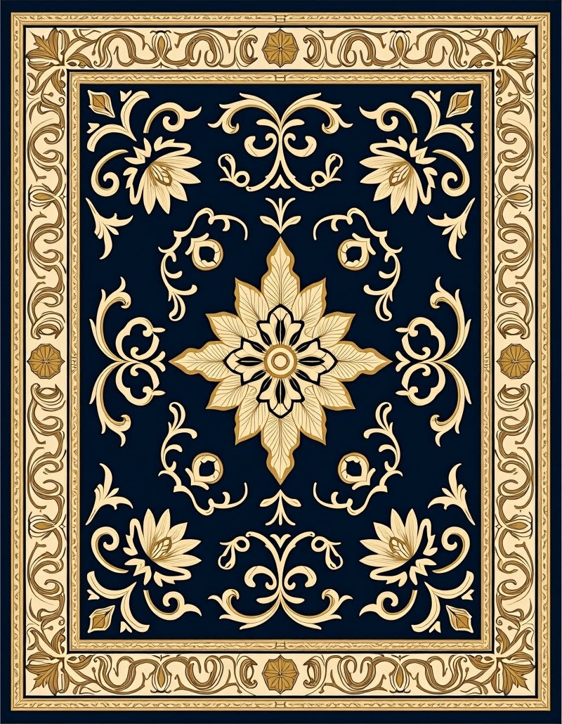 Classic Navy Floral Medallion Border Rug