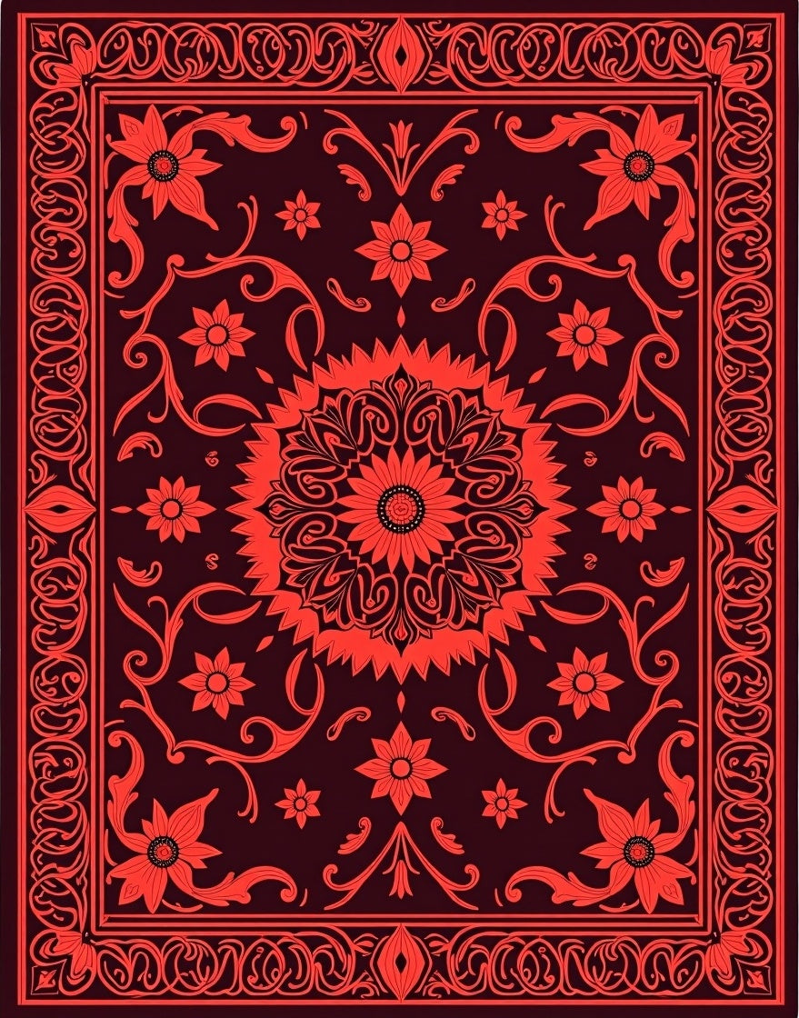 Rich Crimson Bloom Border Artwork Rug