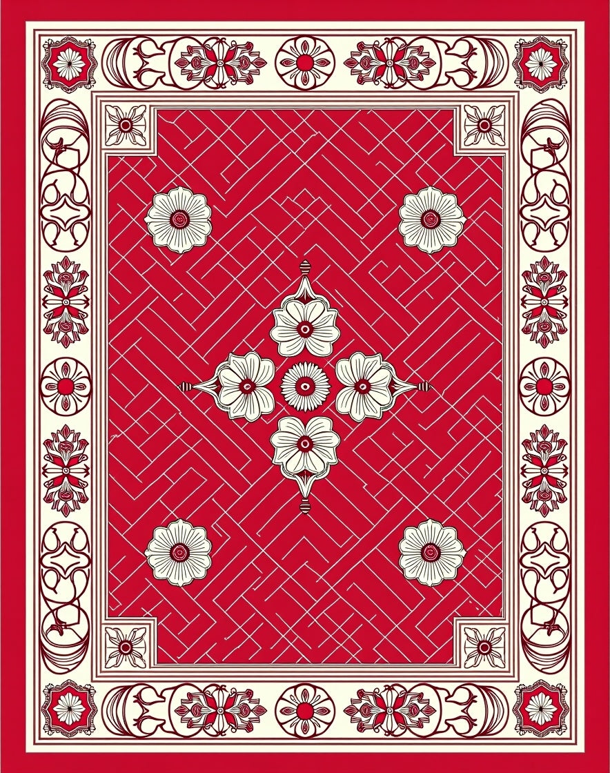 Crimson White Floral Geometric Border Rug