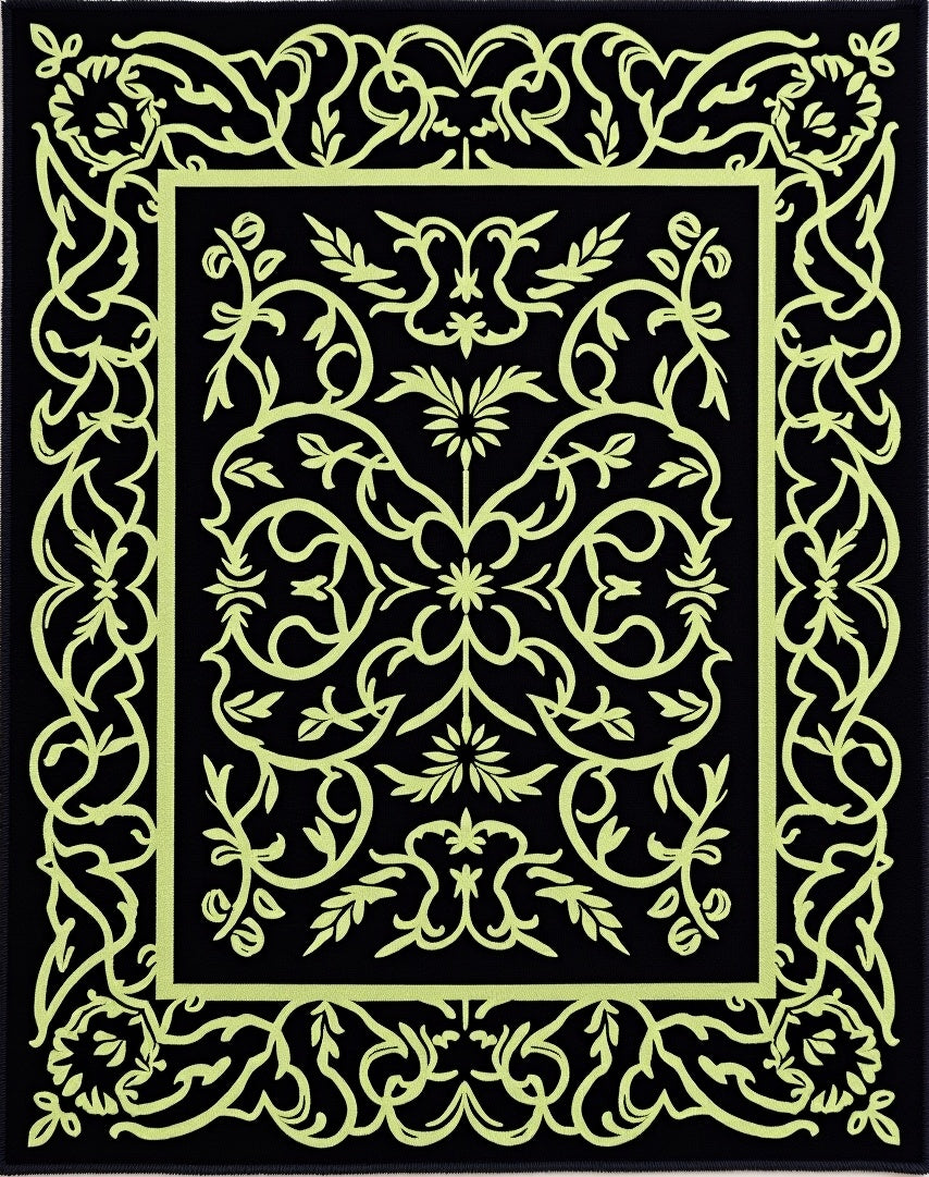 Black Light Green Ornate Floral Rug