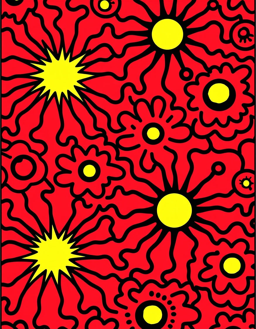Bright Red Yellow Floral Burst Rug