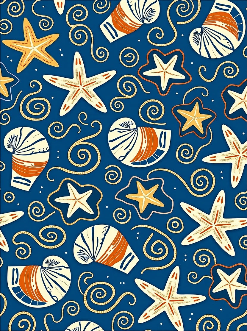 Deep Blue Coastal Starfish and Shells Rug