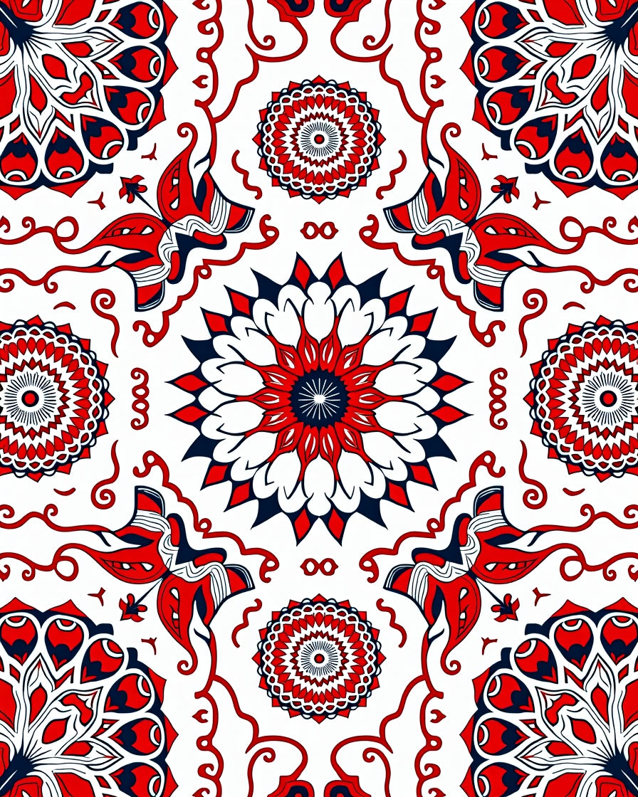 Red Blue White Floral Mandala Arrangement Rug
