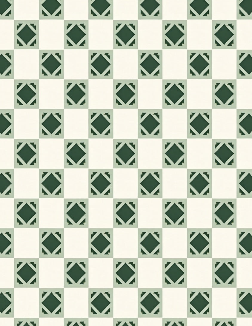 Green and Cream Tiled Diamond Rug