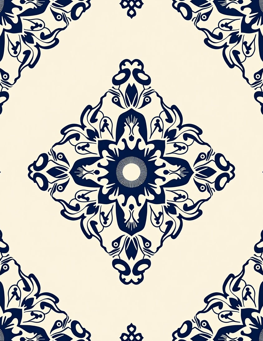 Navy Floral Diamond Tile Rug