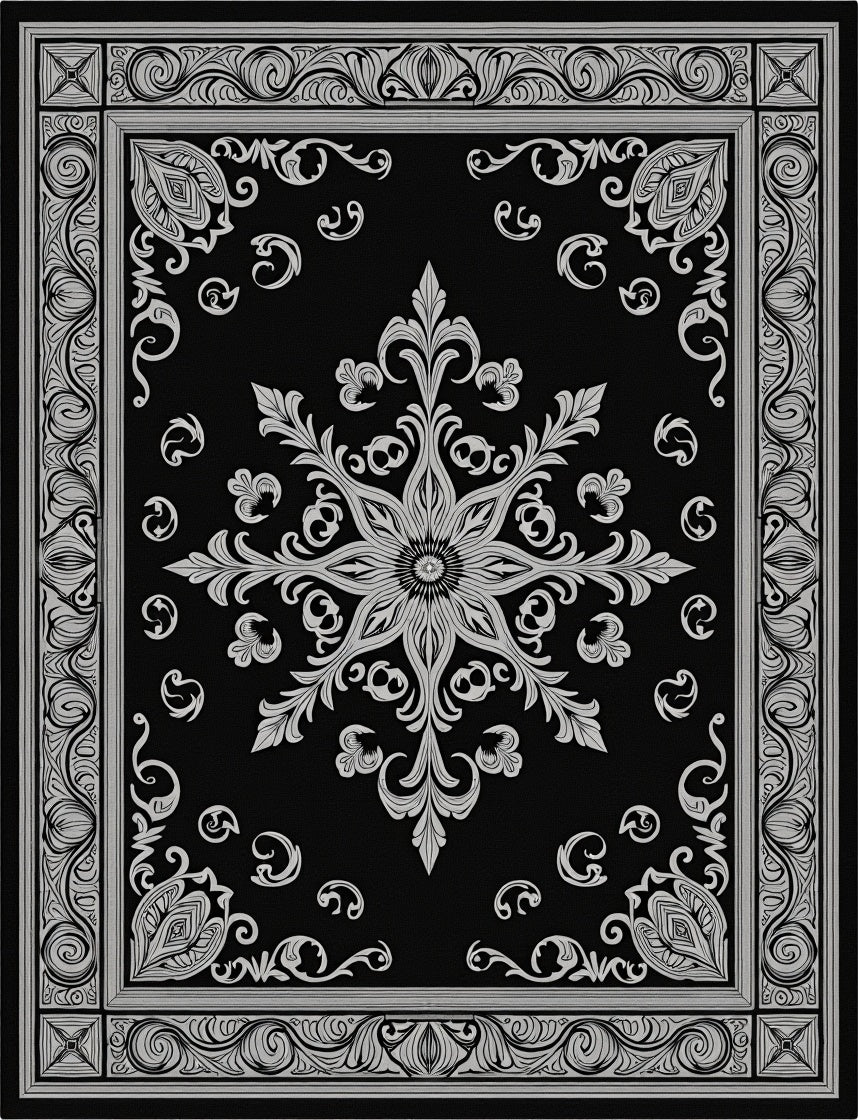 Black Silver Ornate Medallion Flourish Rug