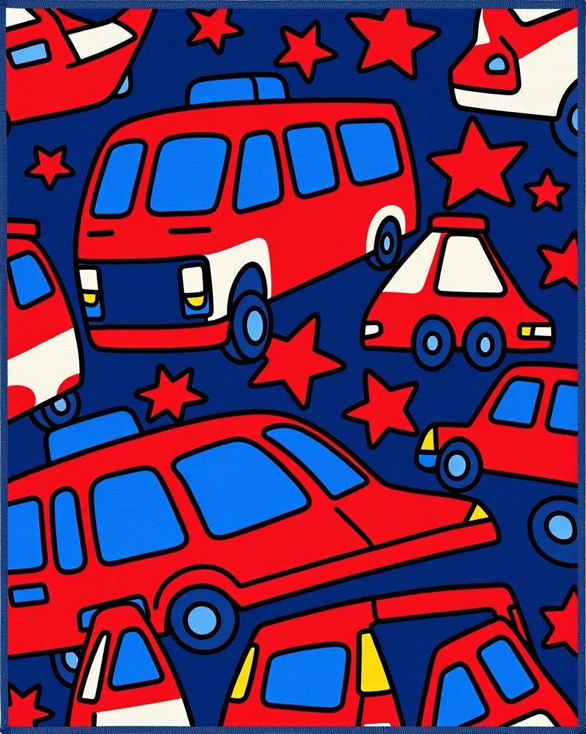 Red Blue Automotive Stars Collage Rug