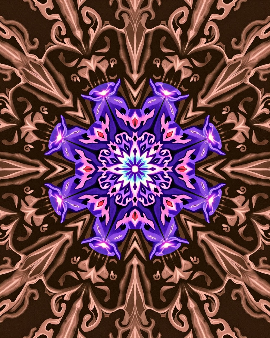 Vibrant Purple Floral Medallion Brown Symmetrical Rug