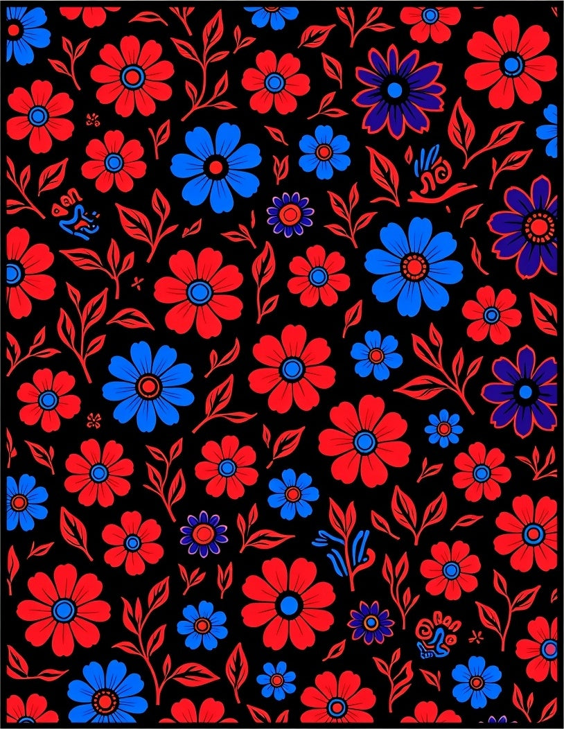 Retro Red Blue Floral Field Rug
