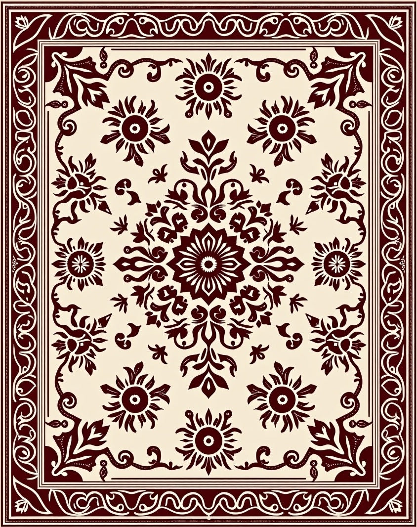 Rich Crimson Floral Sunburst Medallion Rug