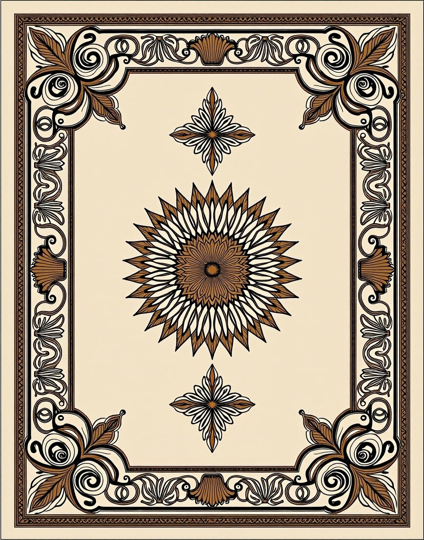 Rich Brown Ornate Medallion Frame Rug