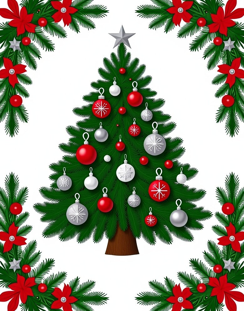 Christmas Tree Red White Ornaments Garland Rug