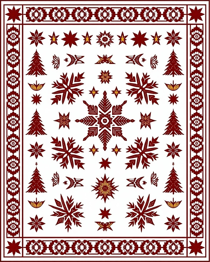 Crimson Starburst Snowflake Christmas Trees Rug