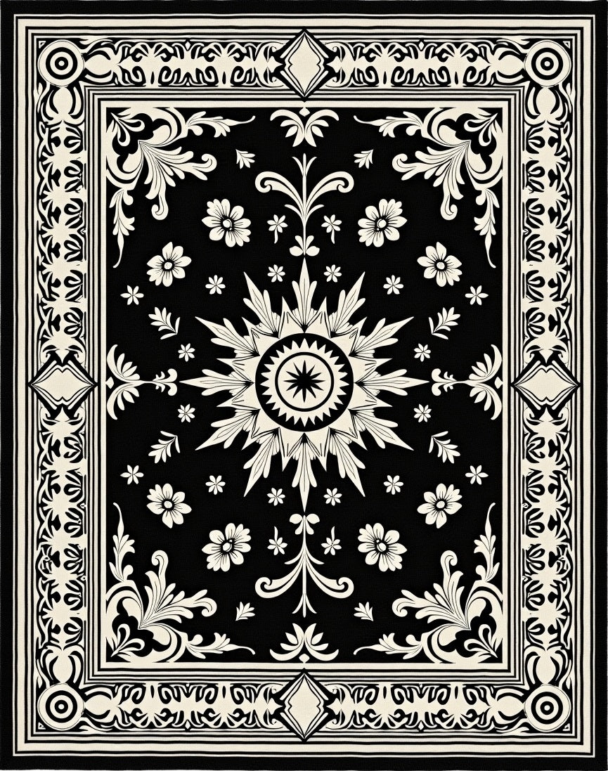 Black Cream Sunburst Floral Medallion Rug