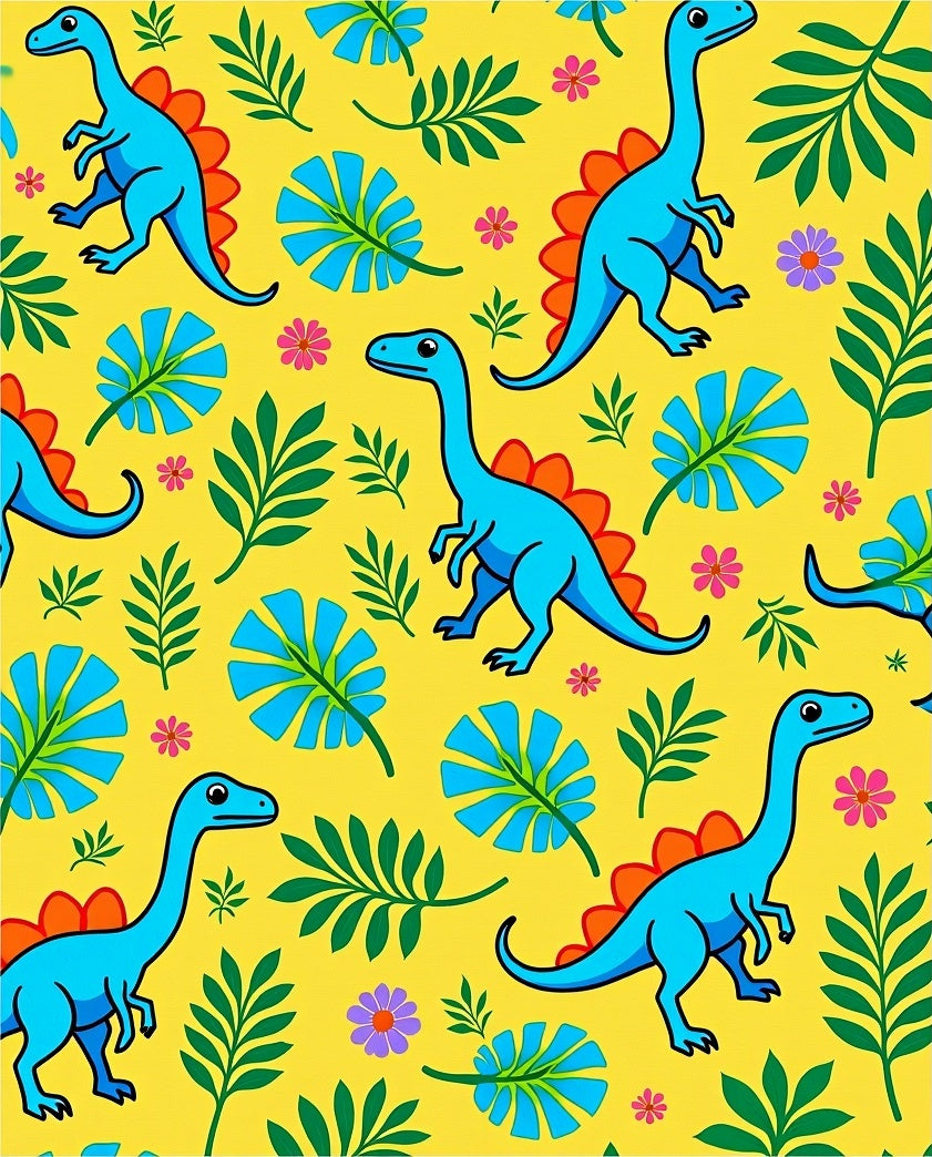 Bright Yellow Dinosaur Floral Foliage Rug