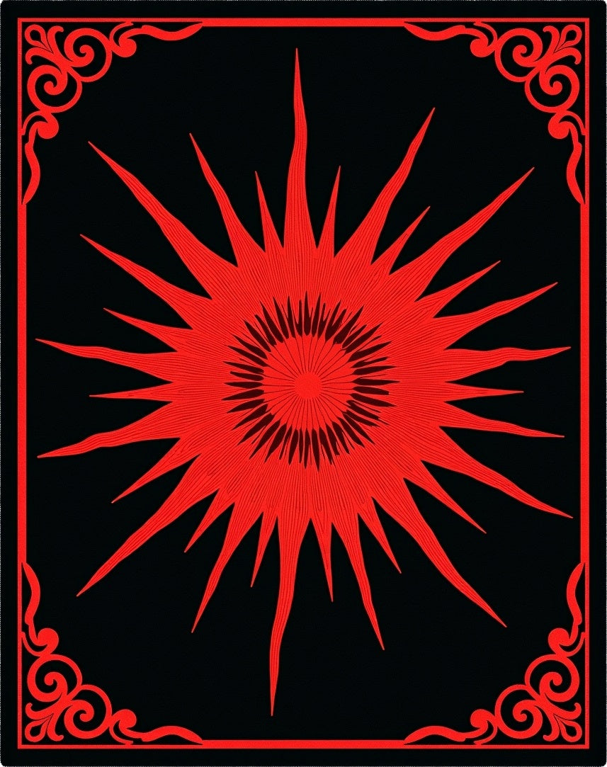 Bold Red Sunburst Scrollwork Rug