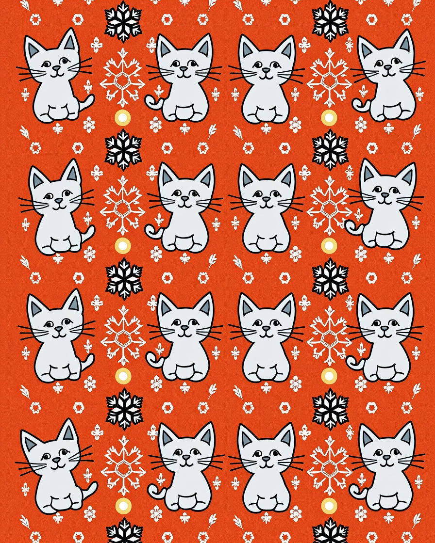 Whimsical White Kittens Snowflakes Orange Rug