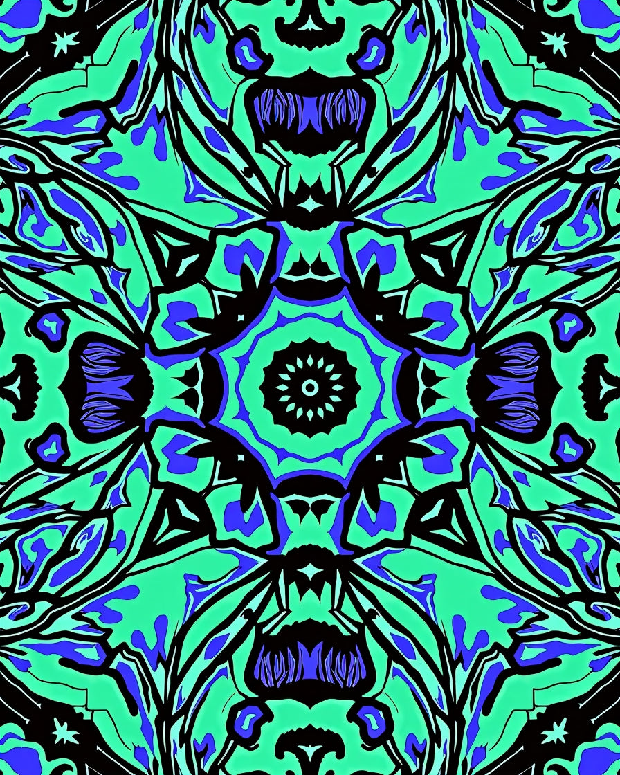 Vibrant Teal Blue Black Floral Medallion Rug