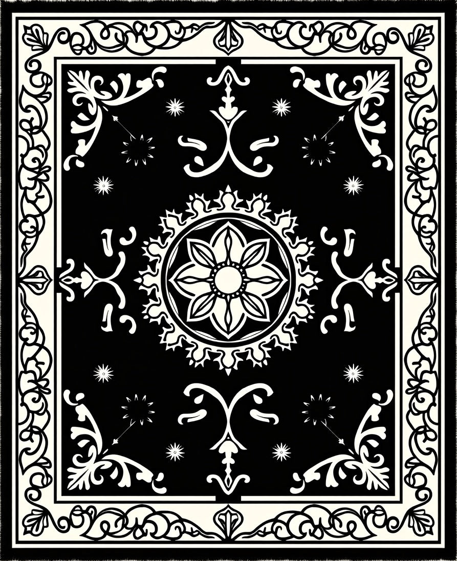 Monochromatic Floral Medallion Border Rug