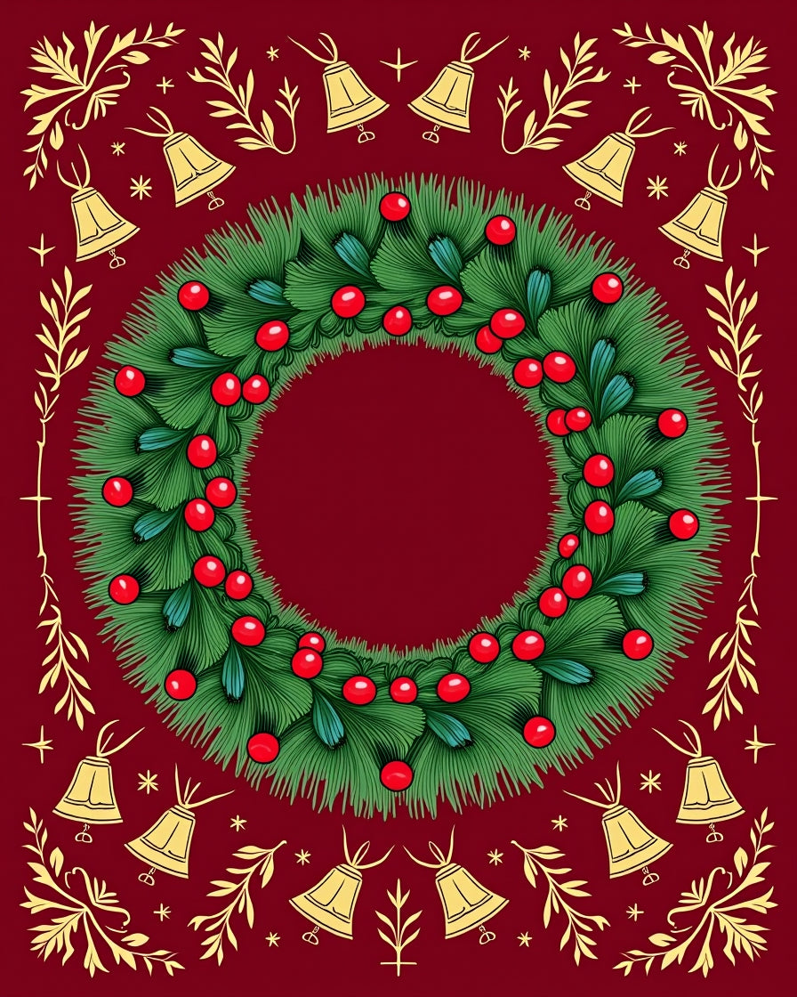 Christmas Wreath Gold Bells Red Berries Rug
