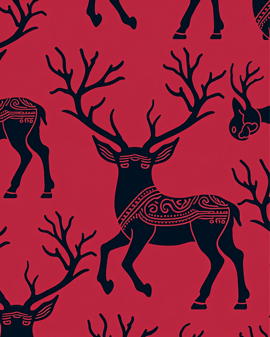 Crimson Red Deer Silhouette Repeating Pattern Rug