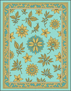 Light Blue Golden Floral Bird Border Rug